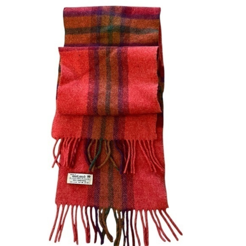 John Hanly & Co Ireland vintage orange / multicolor plaid 100% lambswool scarf